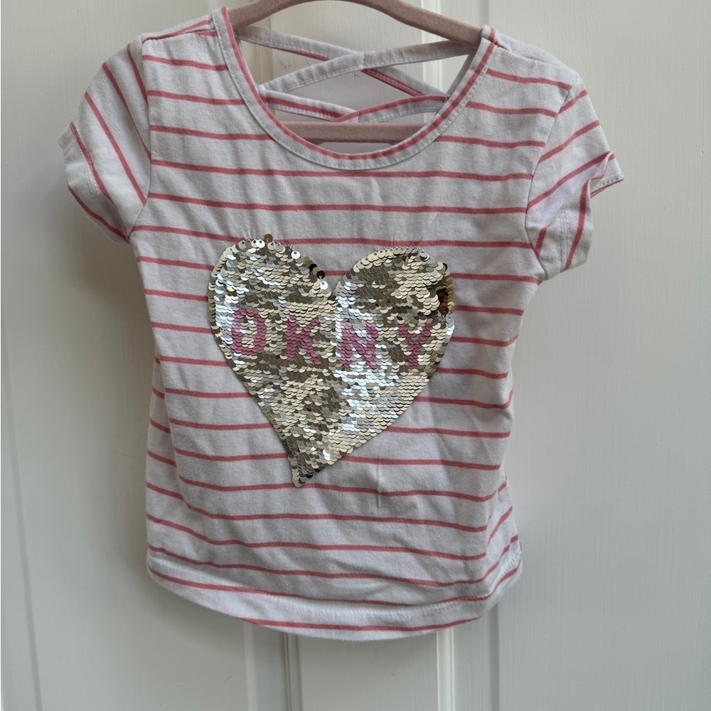 DKNY 3T Girls Striped Pink and White Sequin Heart Top with Moving Sequins